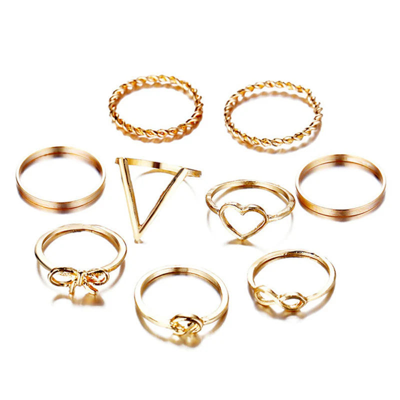 Set of 9 Splendid Heart Multi Designs Adjustable Rings