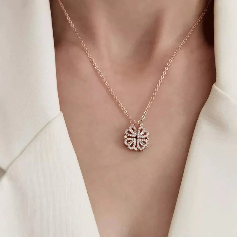 Rose Gold Plated Clover Design Openable Magnetic Necklace