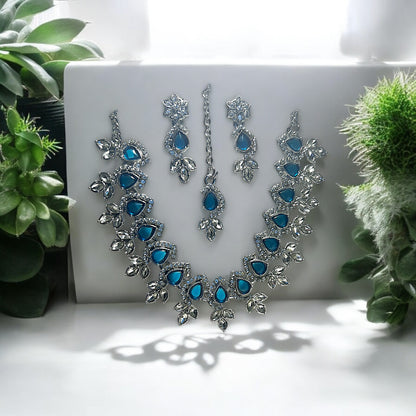 Regal Blue Radiance: Necklace, Earring & Tikka Set