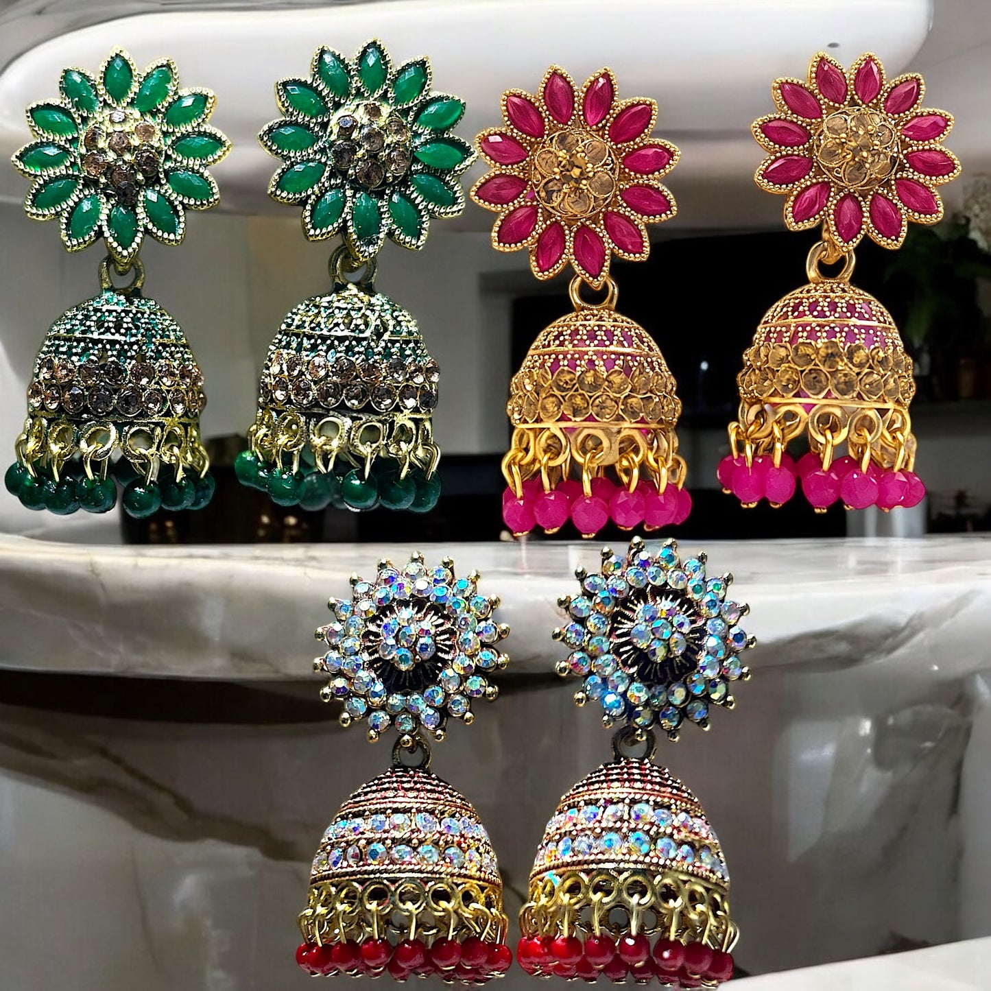 Set of 3 Traditional Jhumka Earrings in Bold Colors