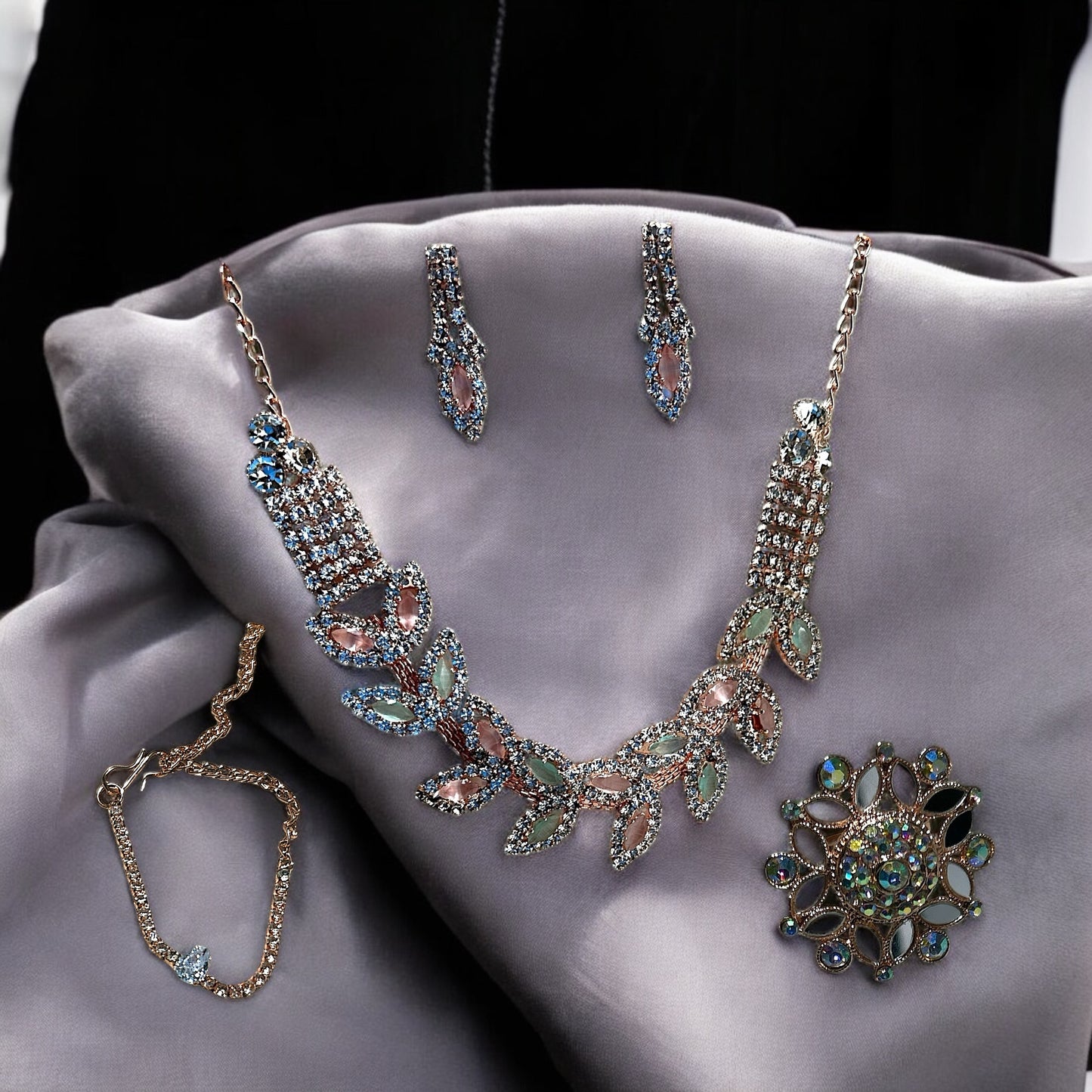 Crystal Floral Jewelry Set - Necklace, Earrings, Bracelet & Ring