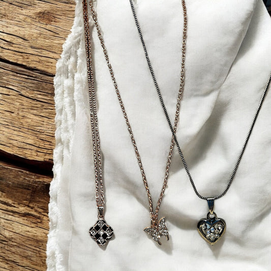 Elegant Pendant Trio: Quatrefoil, Butterfly, & Heart