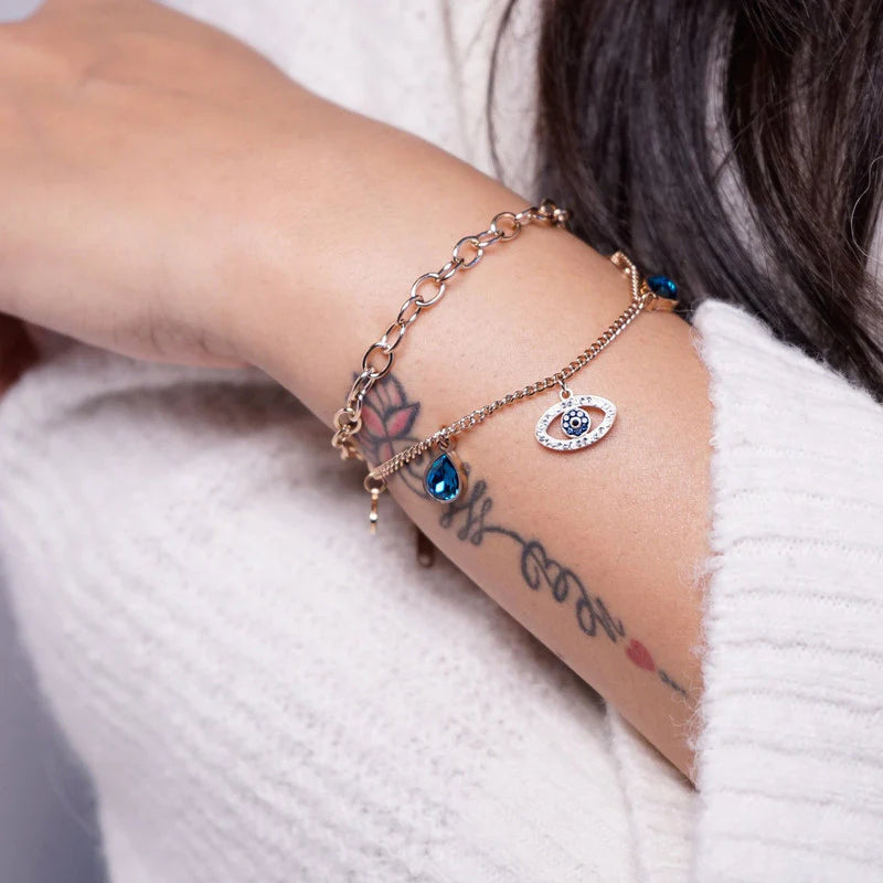 Rose Gold Plated Crystal Studded Evil Eye Bracelet