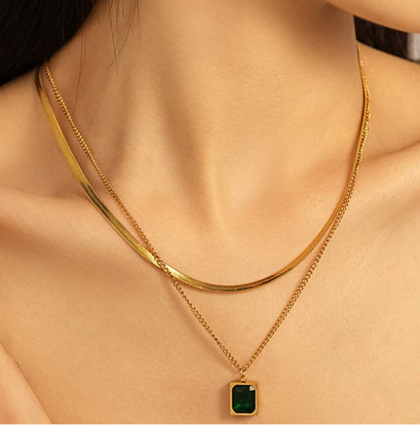 Golden Stainless Steel Anti-Tarnish Emerald Layered Necklace For Women
