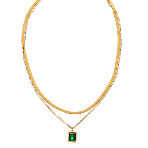 Golden Stainless Steel Anti-Tarnish Emerald Layered Necklace For Women