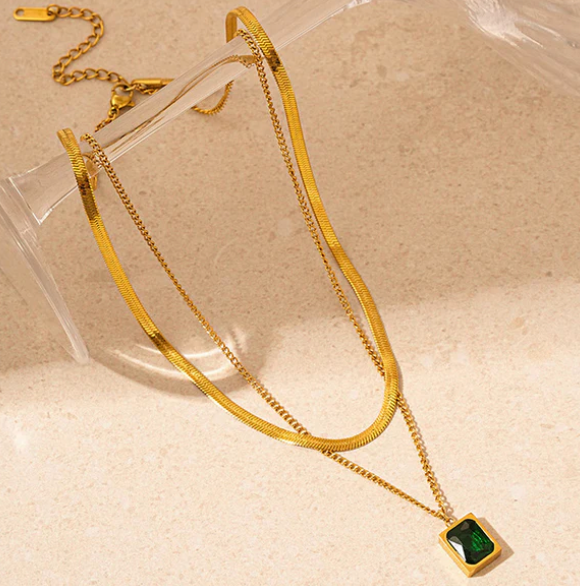 Golden Stainless Steel Anti-Tarnish Emerald Layered Necklace For Women