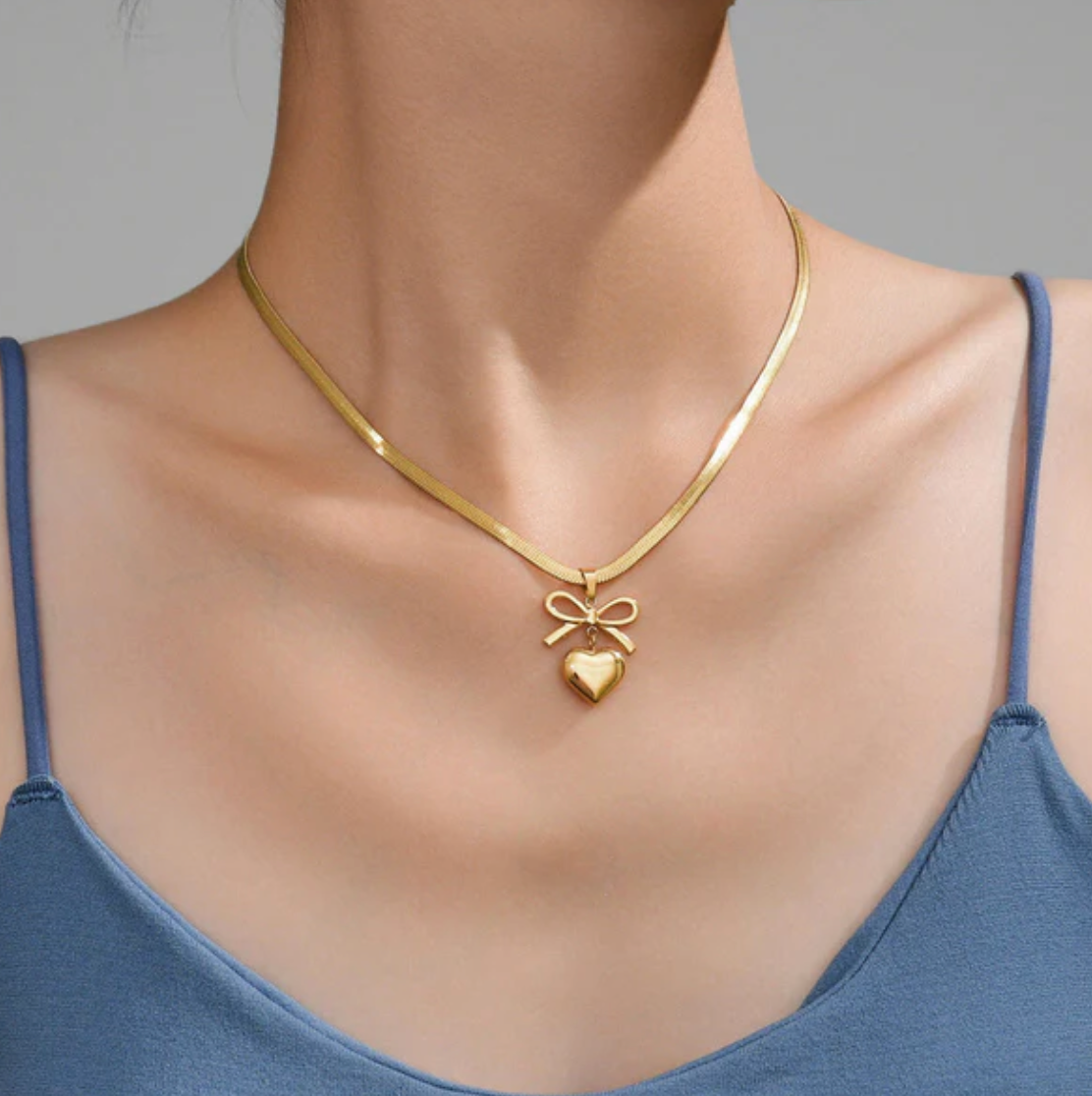 Anti-Tarnish Bow Heart Necklace