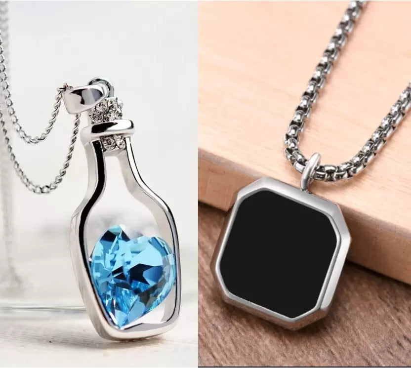 (Set of 2) Blue Bottle Heart & Black Pearl Pendants